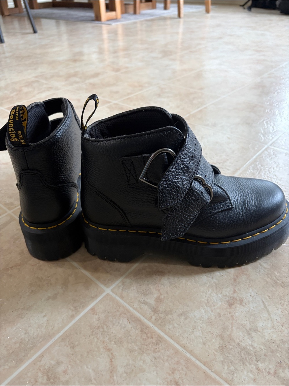 Doc Martens Leather Platform Ankle Boots with Yellow Stitching and heart buckle